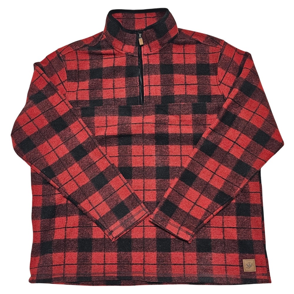 John Wayne XL Red Black Buffalo Plaid Mens Fleece‎ 1/4 Zip Pullover Sweatshirt